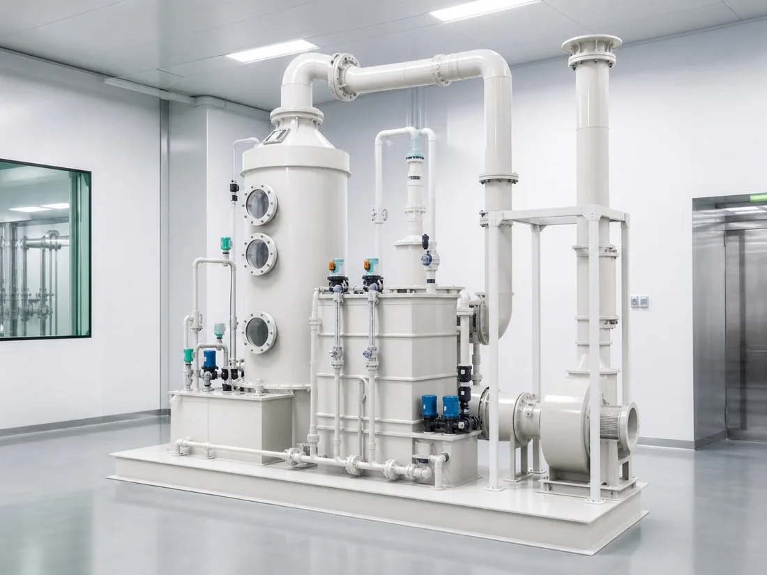 Solvent exhaust treatment skid with scrubber, tanks, fan and stack